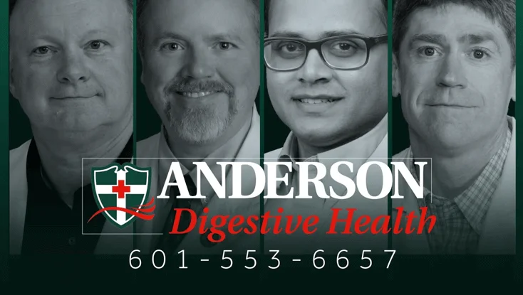 Four male professionals, Anderson Digestive Health logo, contact number.