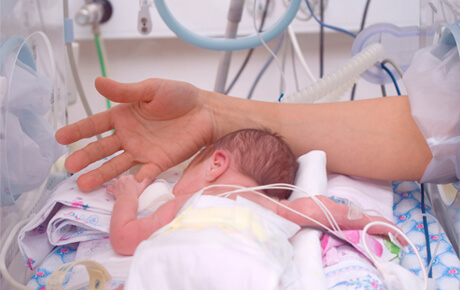 Neonatal intensive care unit with infant and caregiver's hand.