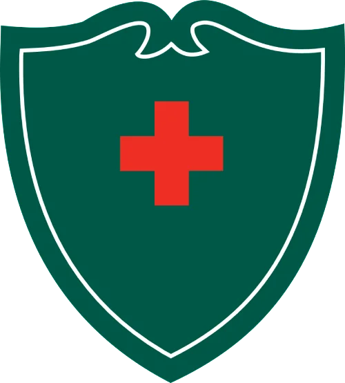 Green shield with red medical cross.