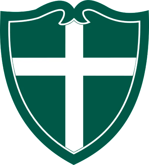 Green shield with white cross emblem.