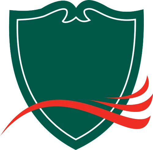 Green shield with red ribbon on white background.