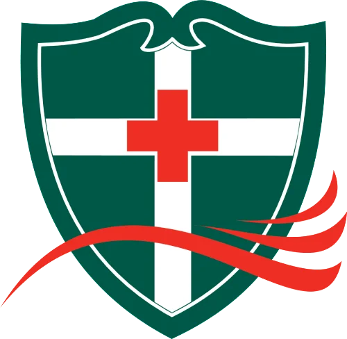 Green shield with red cross and white outline.