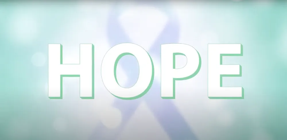 Inspirational "HOPE" text overlay on soft blue background.